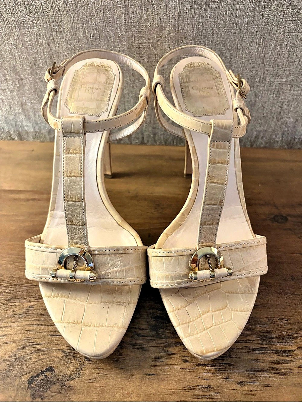 Dior Crocodile-Embossed Heels in Cream 7.5